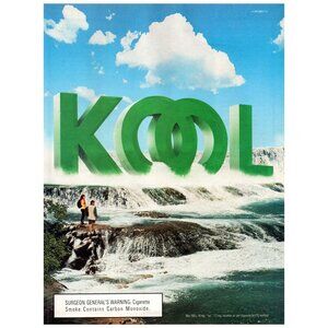 1996 Kool Cigarettes River Waterfall Vintage Print Ad Couple on Rocks Wall Art